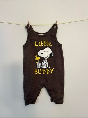 Peanuts Baby Romper in Brown with Yellow Graphics